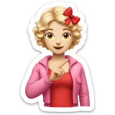 Realistic isolated Caucasian female cupid character with short curly blonde hair holding up peace fingers with red and pink outfit and red bow in her hair. sticker