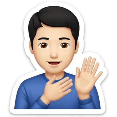 Asia guy black hair side part rubbing hand together and smirking with tongue out on the side a bit little eye and hands together sticker