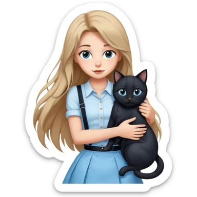 A sexy girl with long hair wearing a light blue suspender skirt hugs a black cat tightly sticker