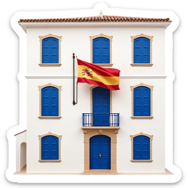 Andalusian-style Spanish house with white walls, blue windows, Spanish flag (red-yellow-red horizontal stripes) hanging from a small flag pole on the facade sticker