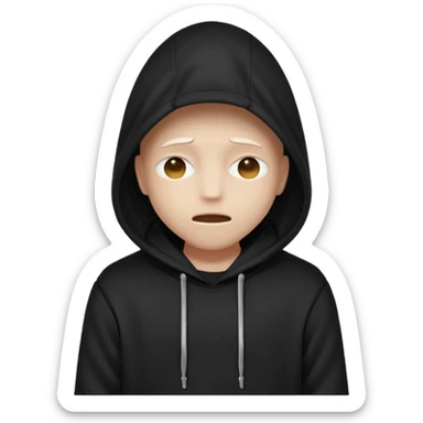 A mysterious character in a black hoodie, with the hood completely hiding their face in darkness—no eyes, no mouth visible. The overall atmosphere is dark and enigmatic, with a soft light from behind.
 sticker