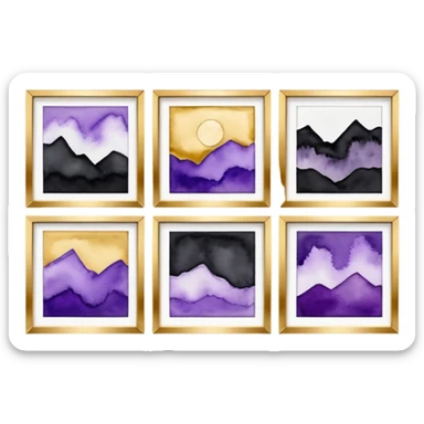 Black, white, gold, purple, abstract Watercolor paintings on three small canvases hanging next to each other  sticker