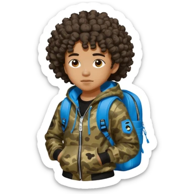 blasian teenager with curly hair, and bape x sprayground hoodie and sprayground backpack sticker