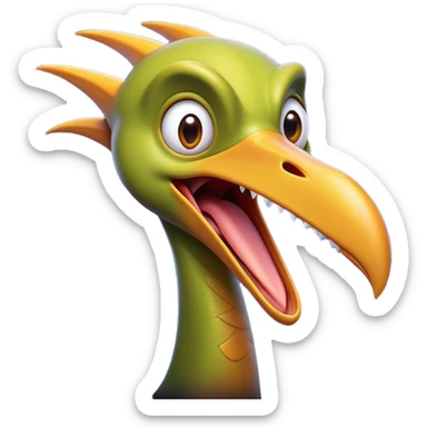 Cinematic Comical Pterodactyl Portrait Emoji, Head tilted dramatically with an exaggeratedly shocked expression, featuring a sleek, streamlined body with a quirky, animated beak and wide, comically expressive eyes full of playful disbelief, Simplified yet hilariously expressive features, highly detailed, glowing with a slightly sassy ethereal glow, high shine, dramatic yet playful, stylized with an air of cheeky prehistoric mischief, soft glowing outline, capturing the essence of a meme-worthy Pterodactyl that looks ready to side-eye its way into viral fame! sticker