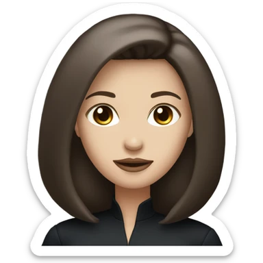 entire, white woman with straight long mid hair, dark brown hair, blue eyes, round face, uni-lips, wearing a black outfit, stylish. sticker