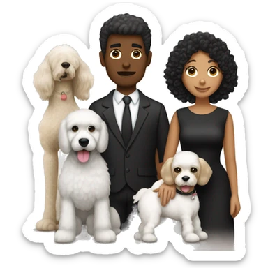 Una pareja, mujer blanca, cabello negro, hombre zambo y su perrita labrador poodle negro sticker