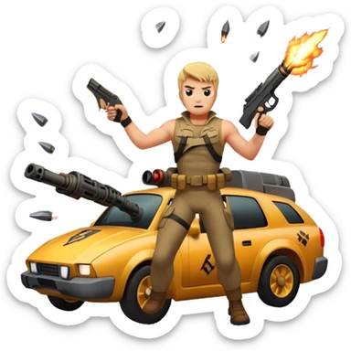 Icon for Action Movies: Explosive action scene with a heroic character in a dramatic pose, surrounded by weapons, explosions, and fast-moving vehicles. The design should capture the intensity, danger, and adrenaline of action films. Transparent background. sticker