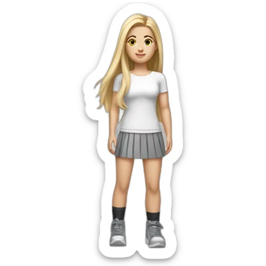 hyperrealist caucasian long straight hair blonde brown eyes strapless white sports top gray tight mini skirt black shoes complete body sticker