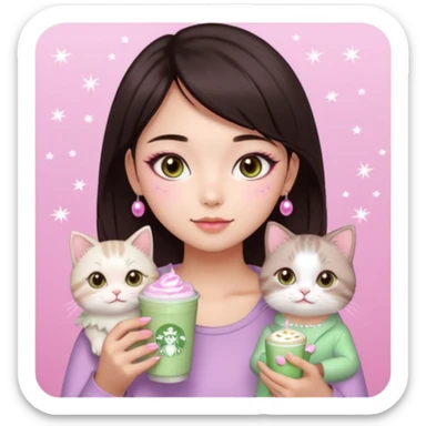 asian girl with short dark brown hair and dark brown eyes with a soft girl pink glowup aesthetic, matcha latte, 2 light brownragdoll cats, and sparkles, makeup, and money. more sparkles sticker