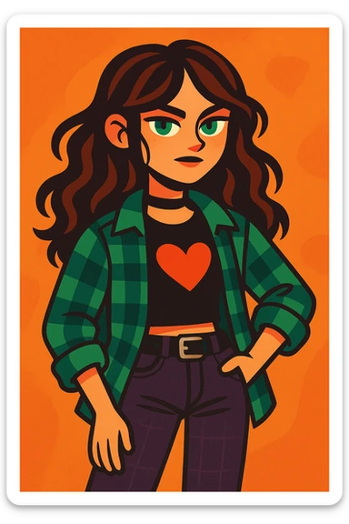 a girl with wavy long brown hair, green eyes, grunge style, modern illustration style sticker