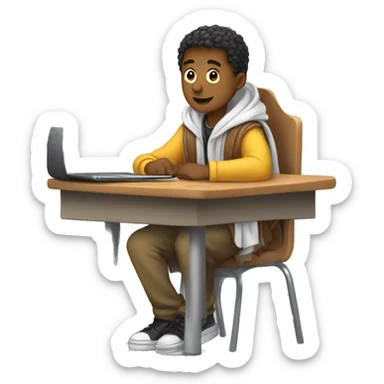 male student sitting at a school desk, a Chromebook with a blanket wrapped around shoulders sticker