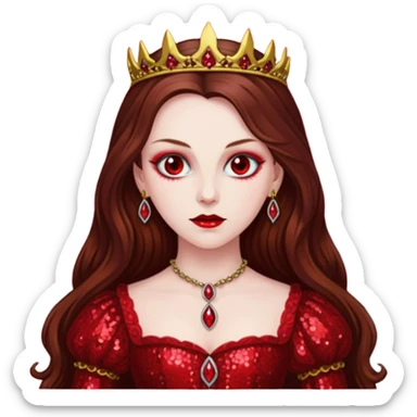 Countess Bathory with long brown hair, red sequin outfit sticker