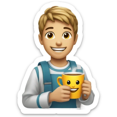 smiling boy with cup indoors with a phase “Gloria a Deus” sticker