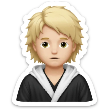 Create a blond boy with long, messy hair, light eyes, a white t-shirt, rich, with long hair, blue eyes, medium-length, voluminous hair, wearing a black Nike bathrobe and a little blush near his nose. and with a balaclava, type bandit balaclava covering the whole face[ sticker