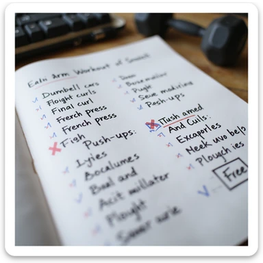 photorealistic photograph of handwritten arm workout sheet with exercises like dumbbell curls, french press, push-ups, some marked with red X as wrong, 4K quality, precise details, natural light sticker