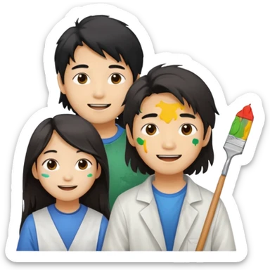Happy Asian boy with long hair and girl messy painters sticker
