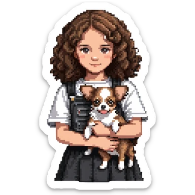 white girl with curly brown hair holding a chihuahua puppy sticker