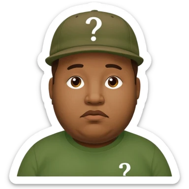 fat man with brown cap and green t shirt printeed a question mark sticker