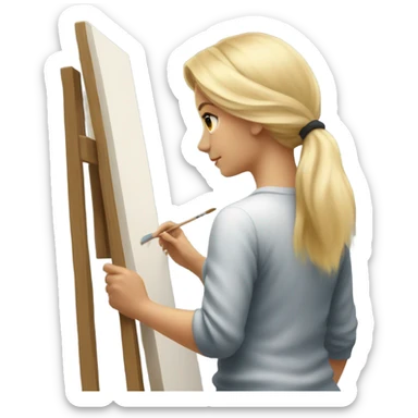 The back of a blonde girl painting a canvas, with a pretty and clean vibe.  sticker
