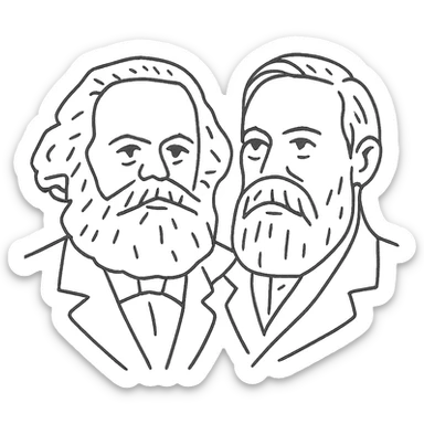 a black outline portrait of Karl Marx and Engels together based on a famous portrait of them, with eyes the same size and noses less abrupt sticker