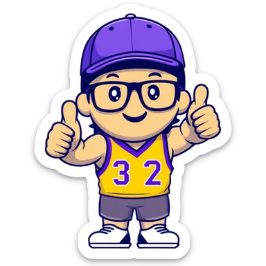 Man with black and white cap, purple sports jersey with number 32, glasses, mullet hairstyle, thumbs up gesture sticker