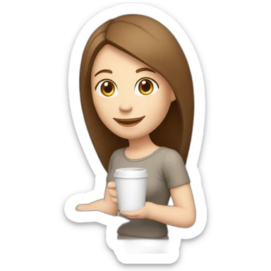 Smiling pale skin woman with middle brown straight hair holding a closed laptop on her left hand and a coffee mug on her right hand not full body shot sticker