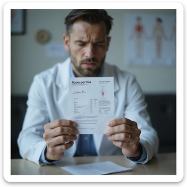 hyperrealistic 4K close-up of a man's hands trembling while holding semen analysis results with 'azoospermia', blurred anxious face in background, urologist's office, fertility diagrams on wall sticker