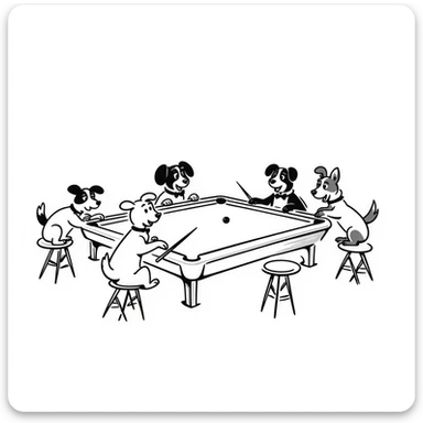 coloring page in Bobbie Goods style: several cute dogs playing pool in a bar, thick black lines, no color fill, ready to color sticker