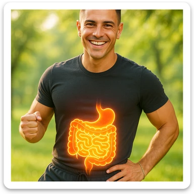 Create a semi-realistic, wellness-themed image of a healthy and fit 30-year-old man inspired by the reference image. Show a glowing stylized healthy intestine over the abdomen. The gut is vibrant and clean. The man is in an energetic pose with a natural outdoor background, soft lighting, and a positive, fresh mood. sticker