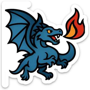 Show this fiery blue dragon with large wings in a dynamic flying pose, keep the style. sticker