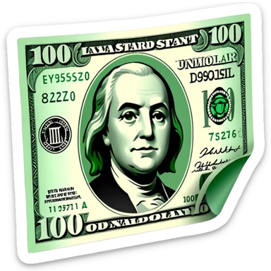 3D realistic US 100 dollar bill sticker, slight perspective, centered, clean cutout, transparent background, no text, no watermark sticker