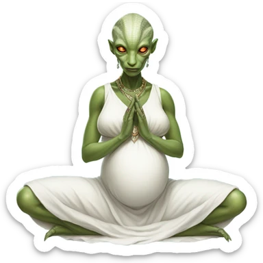 a Reptilian alien woman, pregnant, in meditation, white dress like a priestess sticker