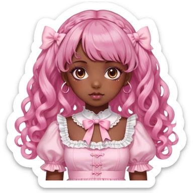 dark girl , who has curly medium length pink and pink swirled hair with bangs , brown eyes , and doll like makeup , in a light pink lolita hime gyaru dress  sticker