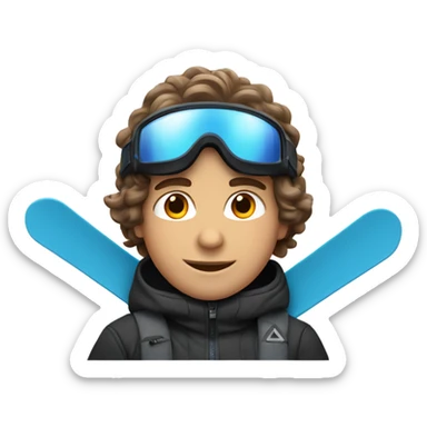 1 white Boy with wavy brown hair skiing with blue skis. He is wearing all black snow pants and a gray jacket   sticker