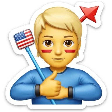 Freezing face emoji, American flag emoji, person with arms crossed emoji, glossy right-pointing arrow, all arranged in a single horizontal line, highly polished game UI style. sticker
