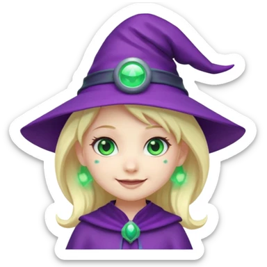 Make a blonde girl with green glowing headset on with teal eyes and a purple haired girl with green eyes waering a purple wit hes hat haveing fun , make them a chibi emoji page sticker