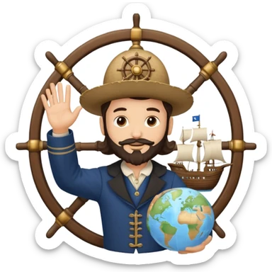 Magellan waving, with a globe and a ship's wheel, wearing traditional explorer clothes, cute emoji style sticker