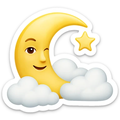 Add fluffy clouds partially covering the crescent moon. Keep the background transparent. sticker