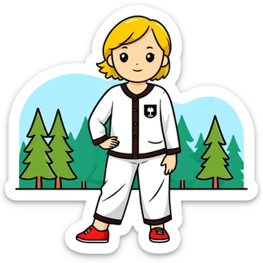Greta wearing pj pants in Germany with trees near her sticker