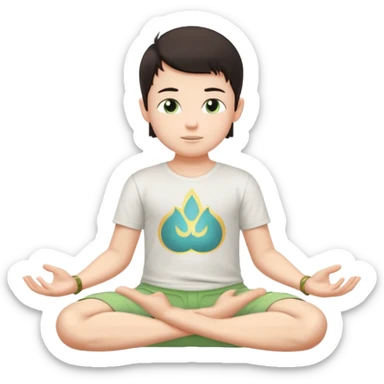 Menino branco de cabelo escuro, camiseta e bermuda verde claro sentado em pose de Buda com as mãos em forma de Mudra sticker