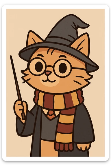 a cat as Harry Potter with glasses, wizard hat, and scarf, holding a wand, cartoon style, flat toon sticker