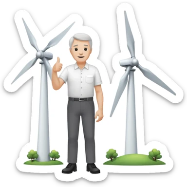 an older white man with grey hair and a white shirt and black pants doing a thumbs up pose, standing next to a silver wind turbine sticker