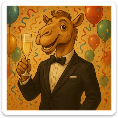 Add a festive party background with balloons and confetti, keeping the camel in a suit sipping champagne as the focus. sticker