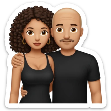 A picture of a tanned couple with the man's arm around her. the man is a Mexican man with tanned skin, a bald hair cut, short beard and wearing a black shirt. the woman is mixed, with mid length curly dark brown hair and with big boobs  sticker