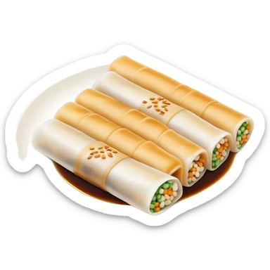 Cantonese rice noodle roll Cheung Fun with soy sauce and sesame seeds, simplified emoji style with bold outlines and bright colors, cartoon style translucent rolled rice sheets on plate sticker