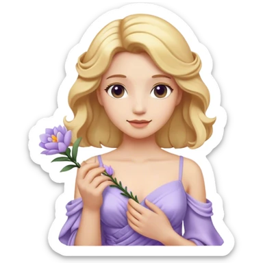 Cinematic Realistic Rapunzel Portrait, with porcelain-like skin featuring a subtle, natural glow, illuminated by soft lighting that brings out the gentle contours of her face. Her long, golden blonde hair cascades in detailed waves, each strand highlighted with a radiant shimmer as it catches the light. She playfully holds a flower in one hand, her other hand resting casually in her lap, with a warm and spirited expression. Her bright, expressive green eyes exude curiosity and warmth, framed by delicate lashes and soft, arched brows. She is dressed in her classic lavender and pink gown, the fabric textured with delicate folds that flow naturally, catching the light with a soft, radiant glow. The portrait captures a luminous, enchanting aura, seamlessly blending realism with a whimsical, fairytale charm, evoking a timeless sense of beauty and magic. sticker