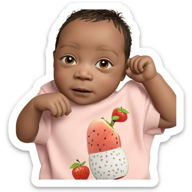 young boy enjoying fruit sticker