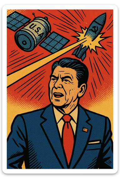 US President Reagan wearing a blue suit with a US flag badge standing in front of a background where you can see a US satellite with a laser shooting down a Soviet Union missile sticker