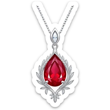 teardrop ruby pendant with fiery light, tiny phoenix feather emerging, haloed by shimmering white stones, silver chain like liquid moonlight sticker