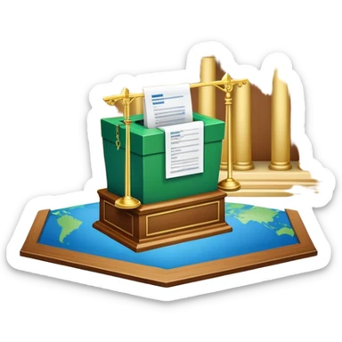 An icon featuring a ballot box with a voting paper, a government building with columns, and a scale of justice, symbolizing political science. The design includes a world map in the background, representing global political systems. Transparent background highlights governance and civic studies. sticker